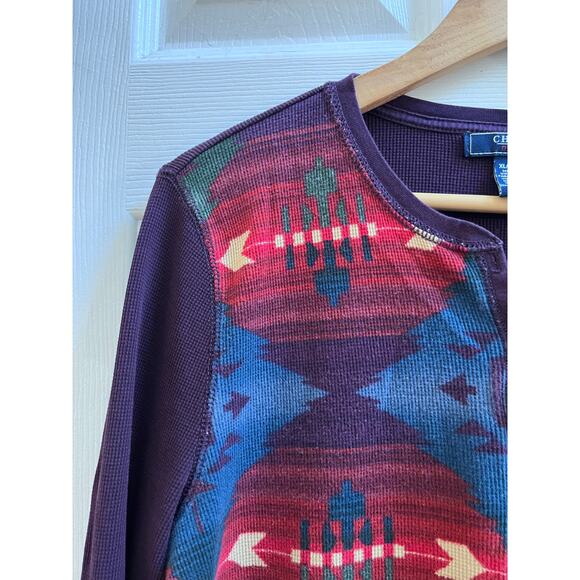 Chaps Denim Multicolor Aztec Southwest Print Waffle Long Sleeve Henley Top XL - Picture 4 of 9